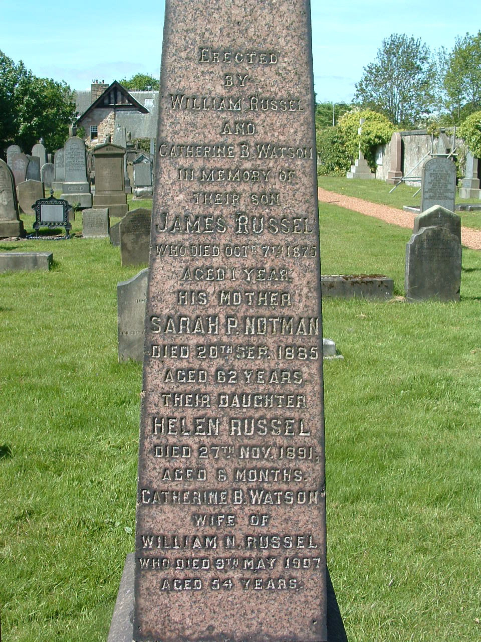 Gravestone 1874-1907 RUSSELL Family,  1874, Linked To: <a href='i932.html' >Catherine Bain Watson</a>